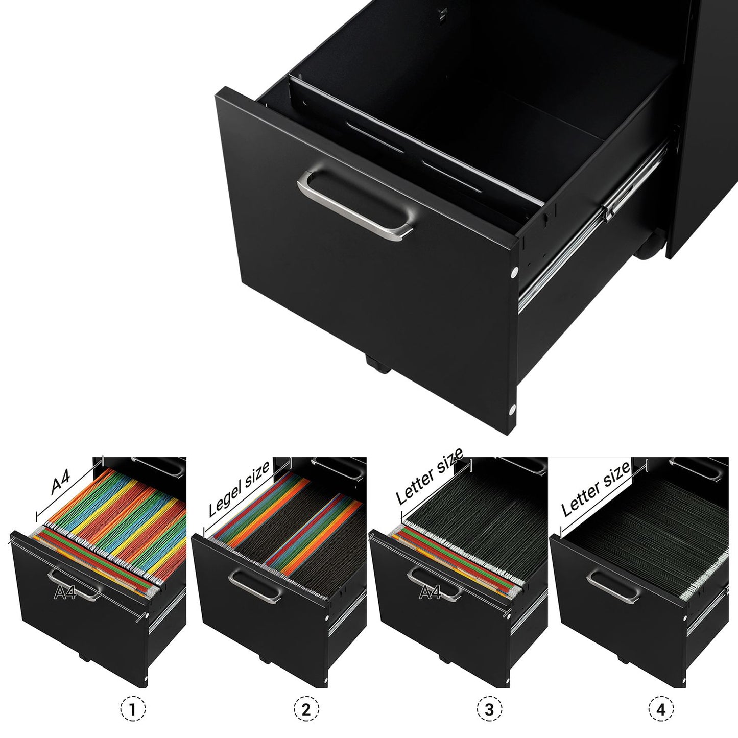 Сassettiera Metallo, 3 Cassetti e Serratura, Cassettiera Ufficio, Cassettiera Scrivania, con Ruote, Acciaio, Nero, Songmics, 6
