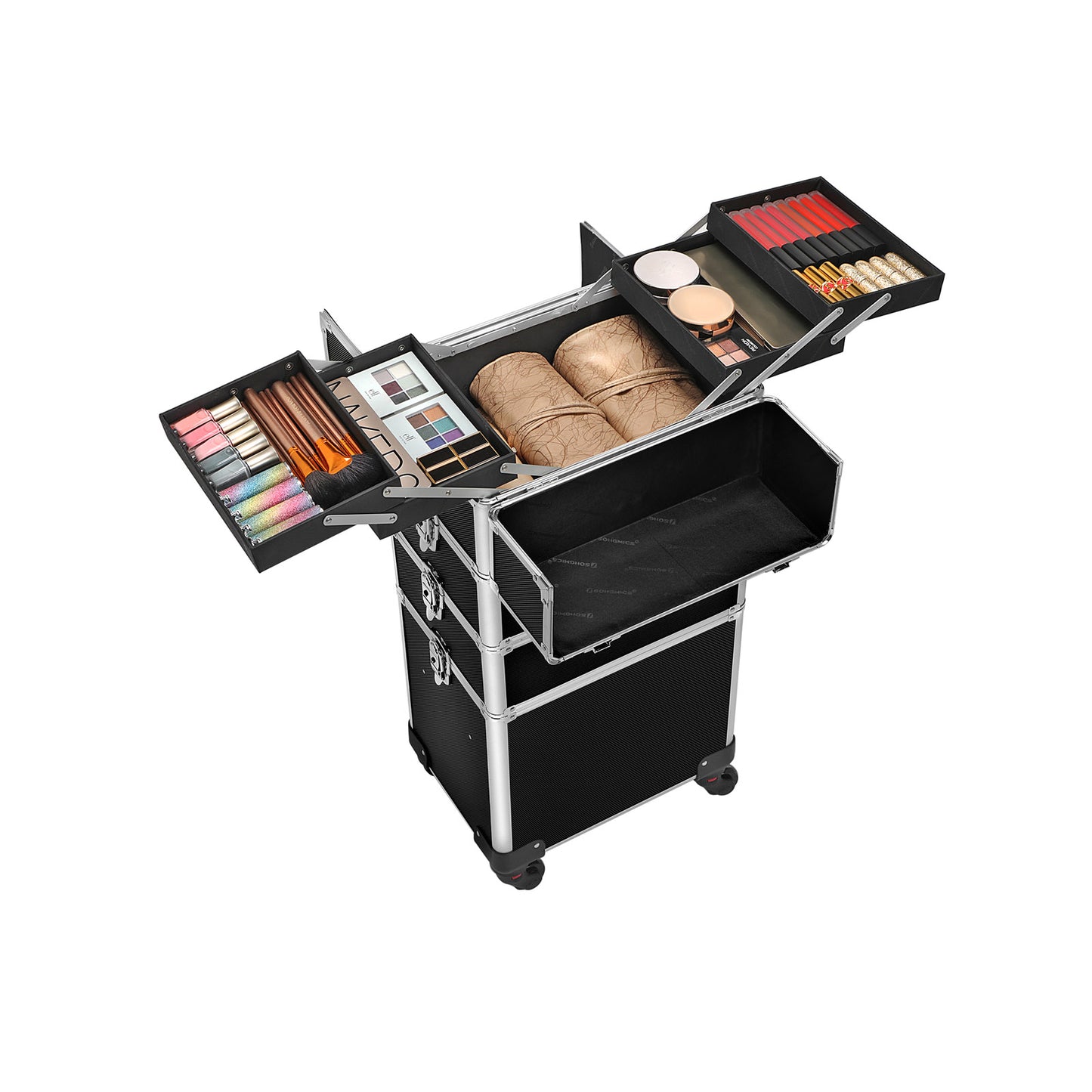 Valigetta trucchi, Valigia porta trucchi 4 in 1, Grande, Trolley Make Up, con Serratura, Nero, Songmics, 2