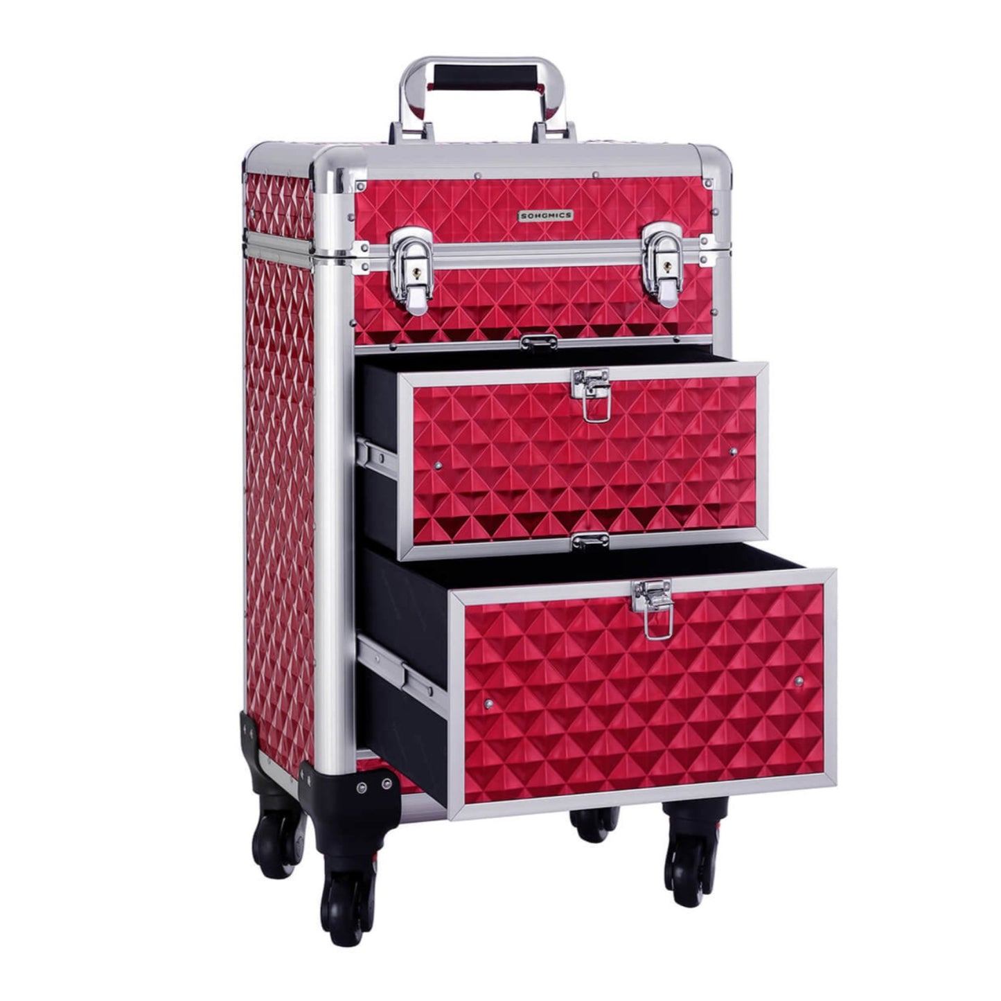 Valigia porta trucchi, Trolley Make Up, Beauty case da viaggio, Ruote girevoli a 360°, Rosso, Songmics, 6