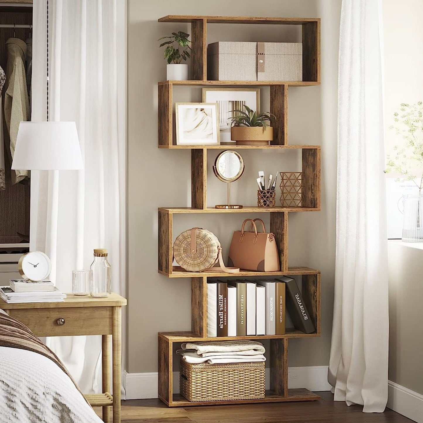 Scaffale, Scaffale libreria, 6 Ripiani, Divisorio per Stanza, Organizzatore Autoportante a Cubi, Stile Moderno, Marrone, VASAGLE, 1