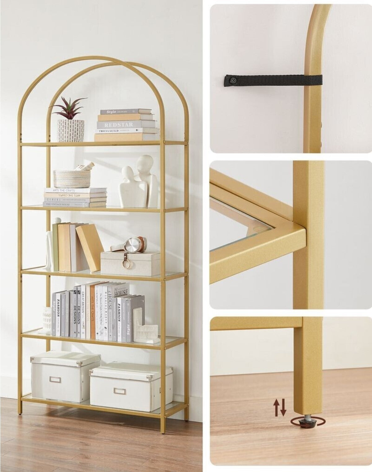 Libreria, Libreria con 5 ripiani, Libreria Dorata, in Vetro Temperato, Struttura in Metallo, Color oro, Vasagle, 7