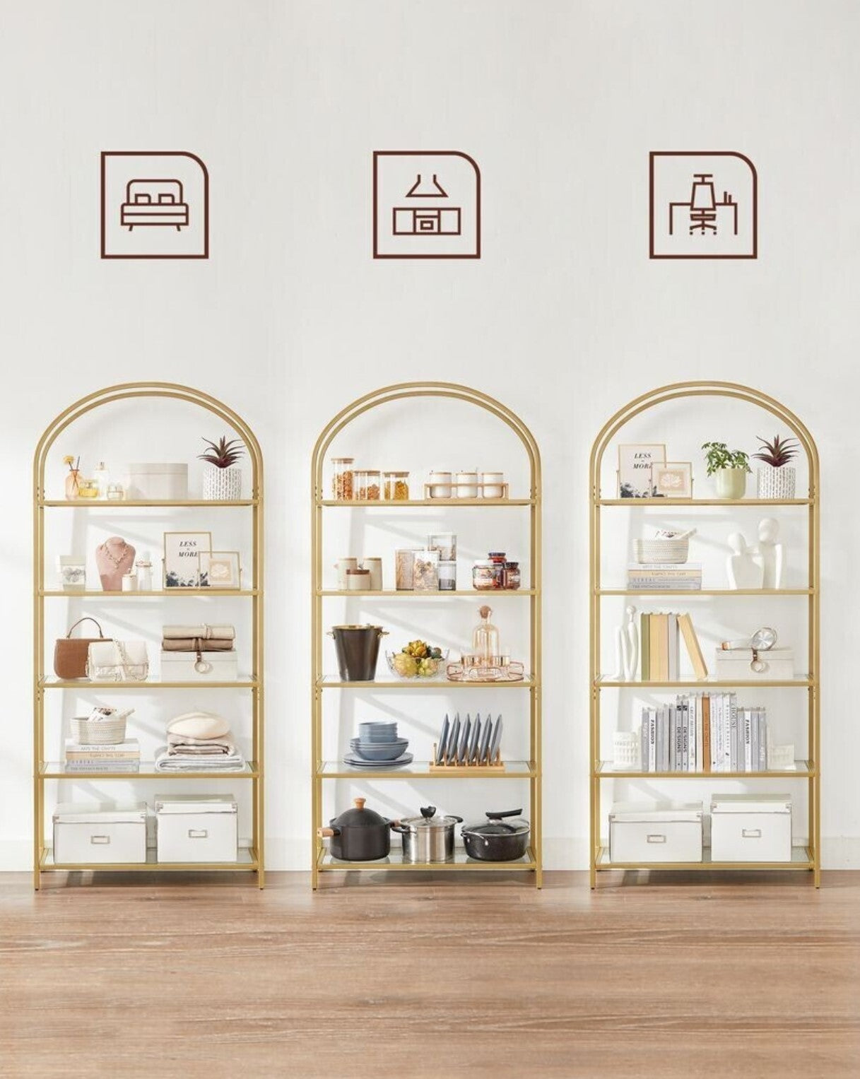 Libreria, Libreria con 5 ripiani, Libreria Dorata, in Vetro Temperato, Struttura in Metallo, Color oro, Vasagle, 11