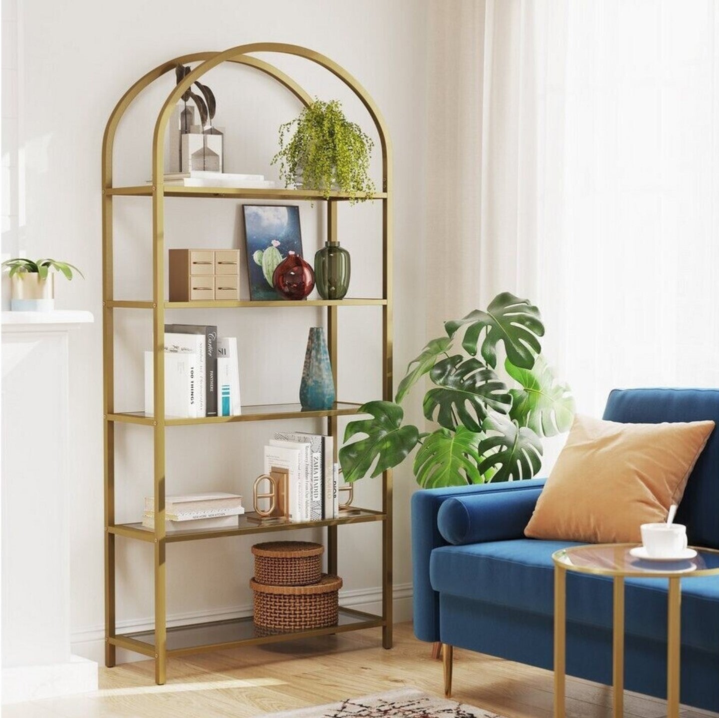 Libreria, Libreria con 5 ripiani, Libreria Dorata, in Vetro Temperato, Struttura in Metallo, Color oro, Vasagle, 13