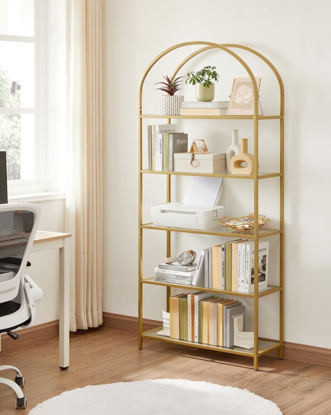 Libreria, Libreria con 5 ripiani, Libreria Dorata, in Vetro Temperato, Struttura in Metallo, Color oro, Vasagle, 9