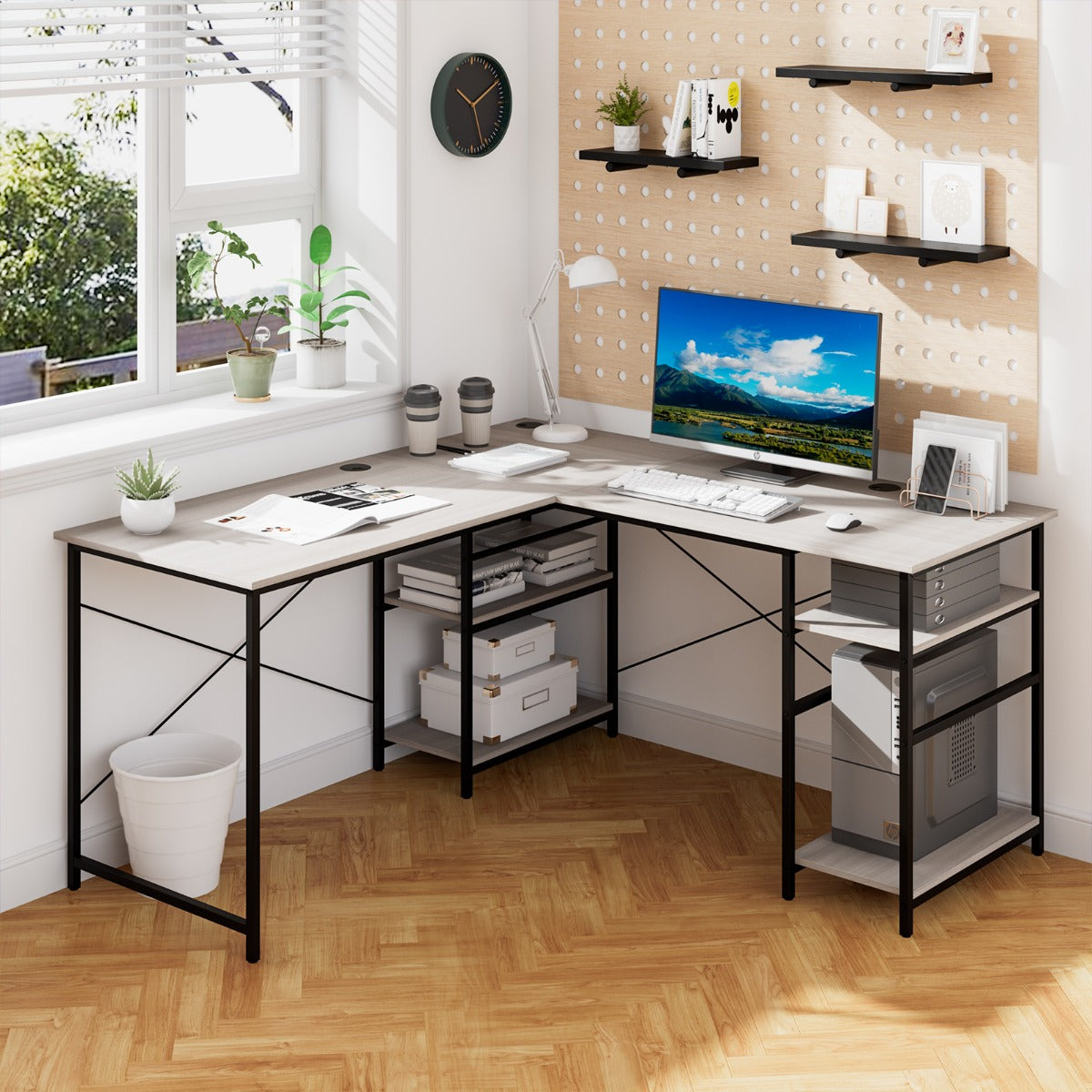 Scrivania per computer a L forma con 4 ripiani, Scrivania da Ufficio, Grigio, Costway, 2