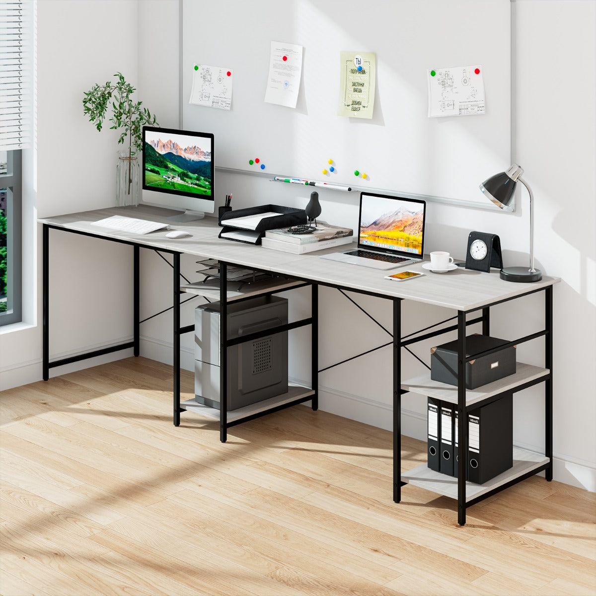 Scrivania per computer a L forma con 4 ripiani, Scrivania da Ufficio, Grigio, Costway, 3