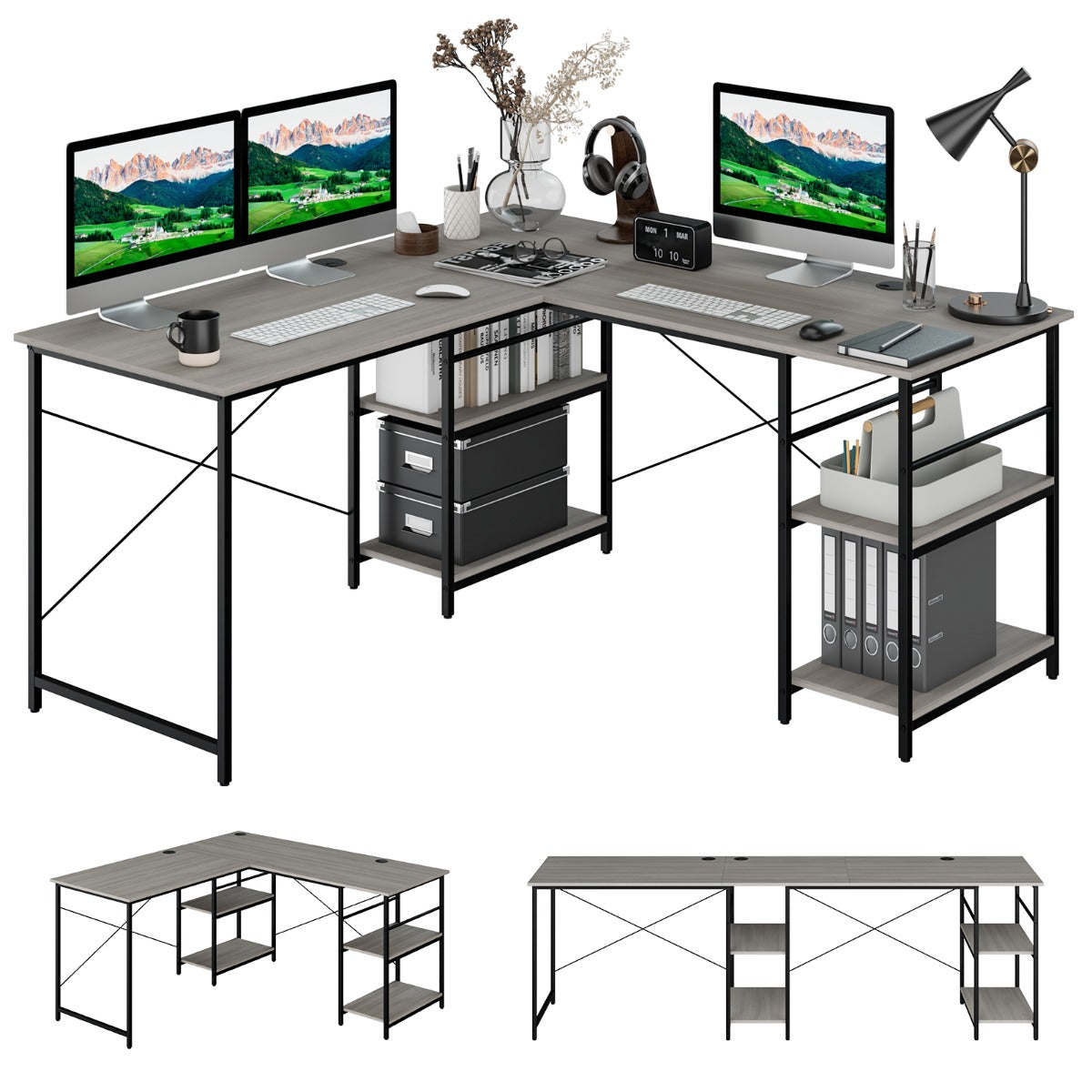 Scrivania per computer a L forma con 4 ripiani, Scrivania da Ufficio, Grigio, Costway, 5