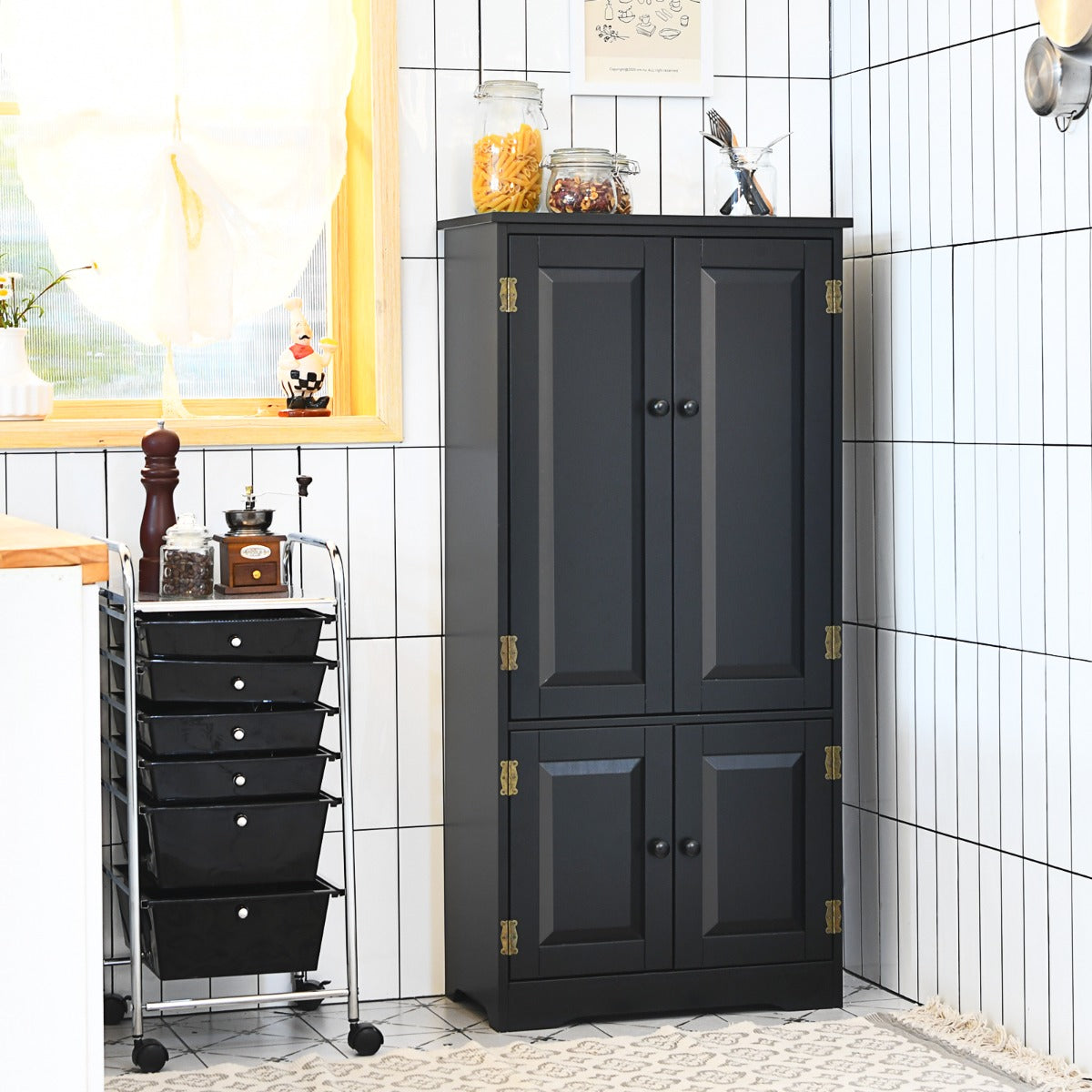 Armadio, Armadio verticale a doppia anta con mensola regolabile, Organizer di legno, Nero, Costway, 3