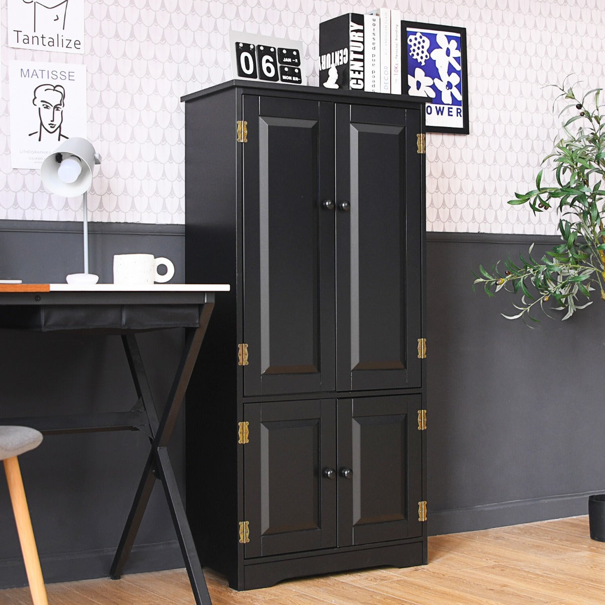 Armadio, Armadio verticale a doppia anta con mensola regolabile, Organizer di legno, Nero, Costway, 4