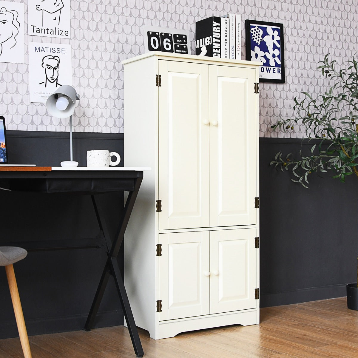 Armadio, Armadio verticale a doppia anta con mensola regolabile, Organizer di legno, Beige, Costway, 4