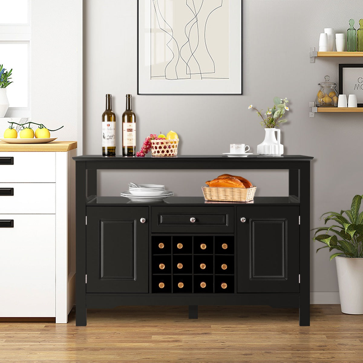 Buffet, Credenza soggiorno, Porta bottiglie vino, per cucina a forma incrociata, Nero, Costway, 2
