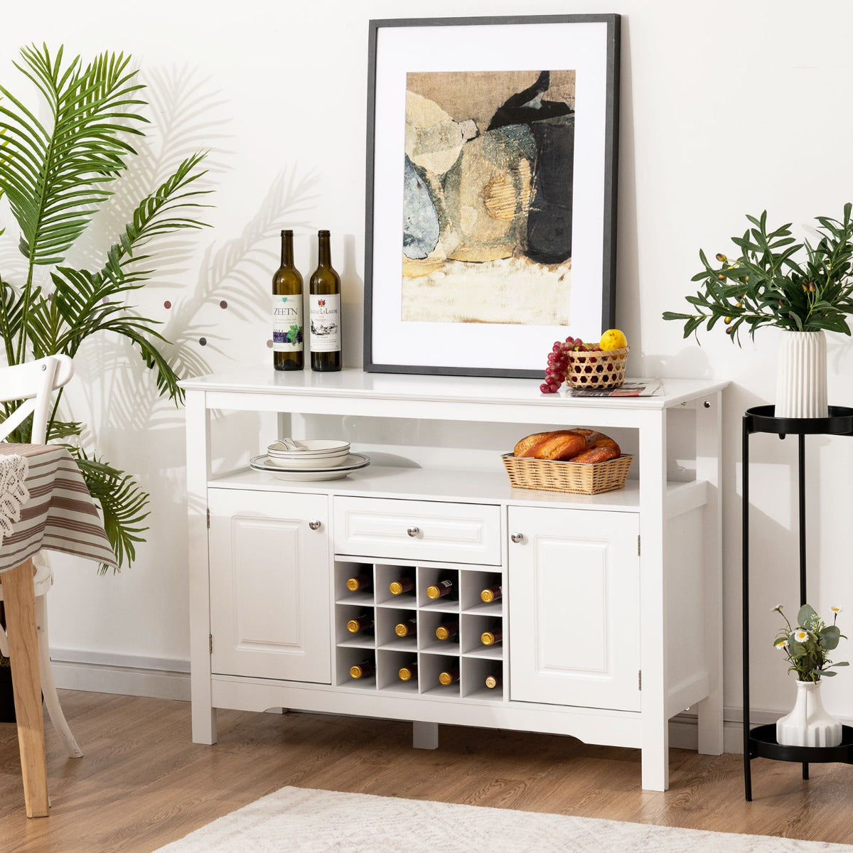 Buffet, Credenza soggiorno, Porta bottiglie vino, per cucina a forma incrociata, Bianco, Costway, 2