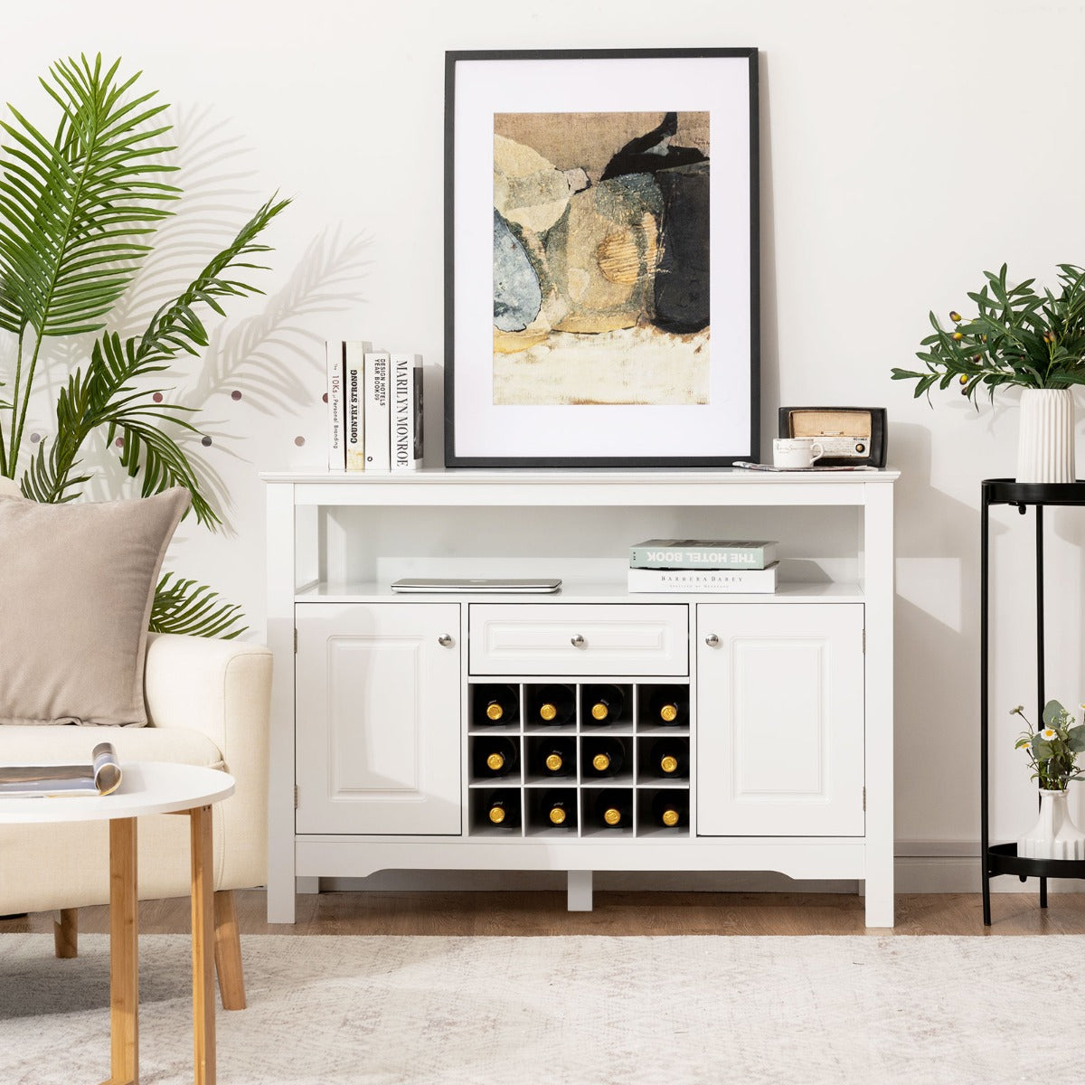 Buffet, Credenza soggiorno, Porta bottiglie vino, per cucina a forma incrociata, Bianco, Costway, 4