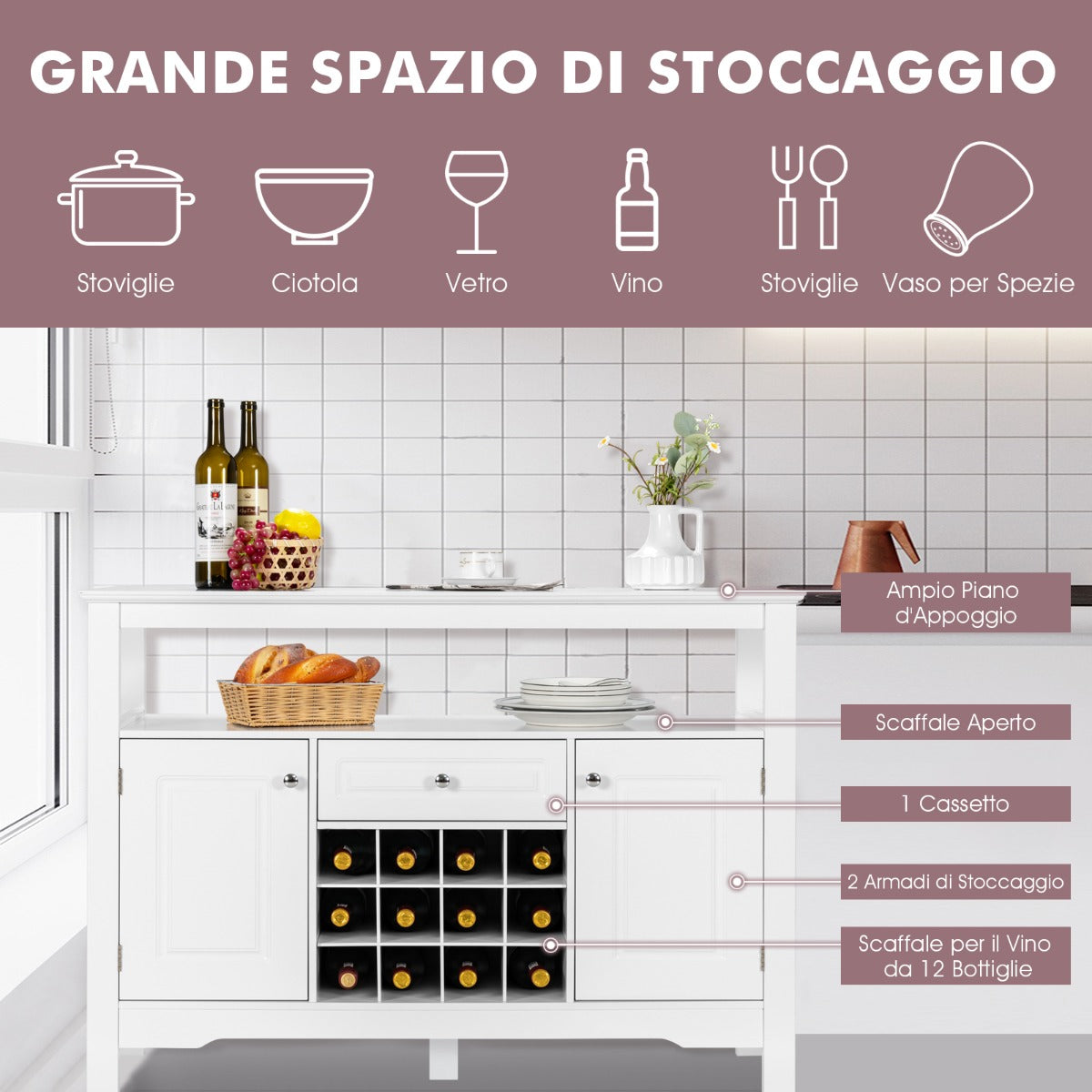 Buffet, Credenza soggiorno, Porta bottiglie vino, per cucina a forma incrociata, Bianco, Costway, 5
