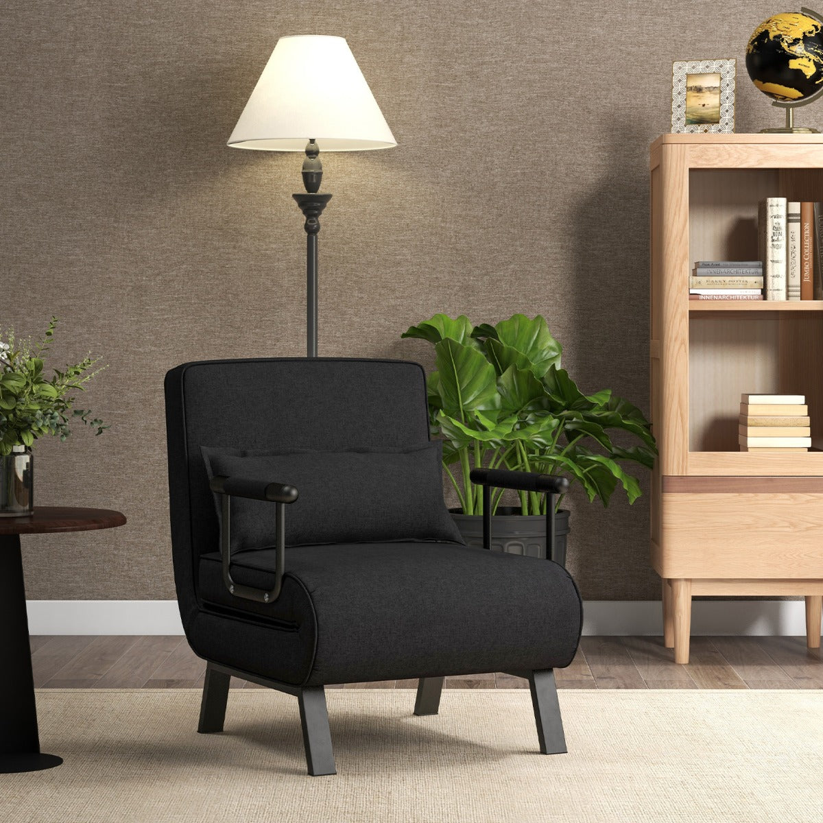 Poltrona letto, Divano letto, trasformabile con schienale regolabile in 6 posizioni cuscino rimovibile, Nero, Costway, 2