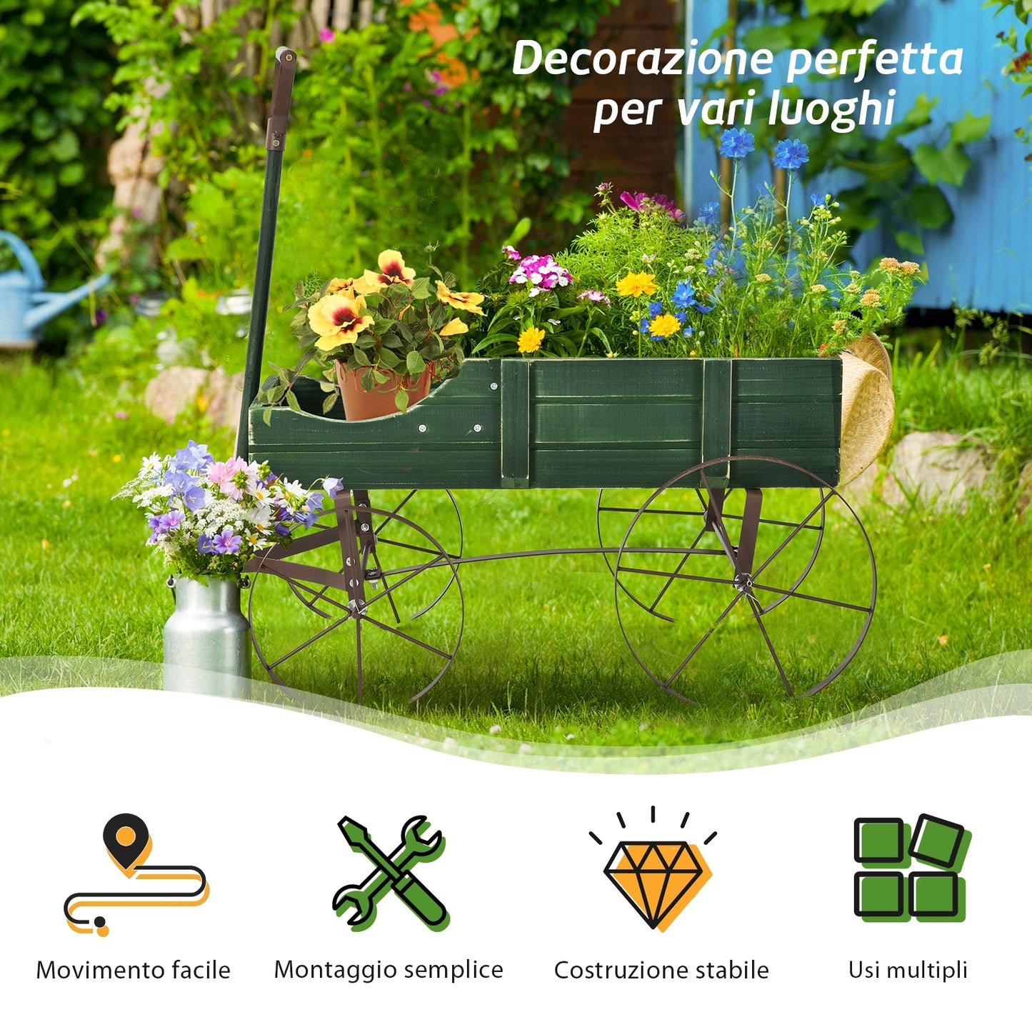 Piedistallo per piante, Carrettino di legno fioriera con ruote e 2 sezioni per piante, Aiuole da Giardino, Verde, Costway, 4