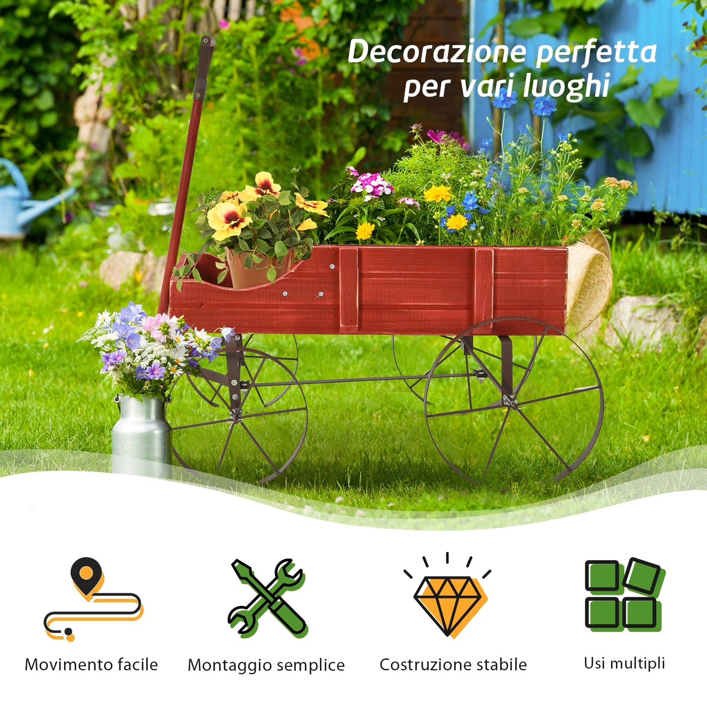 Piedistallo per piante, Carrettino di legno fioriera con ruote e 2 sezioni per piante, Aiuole da Giardino, Rosso, Costway, 4
