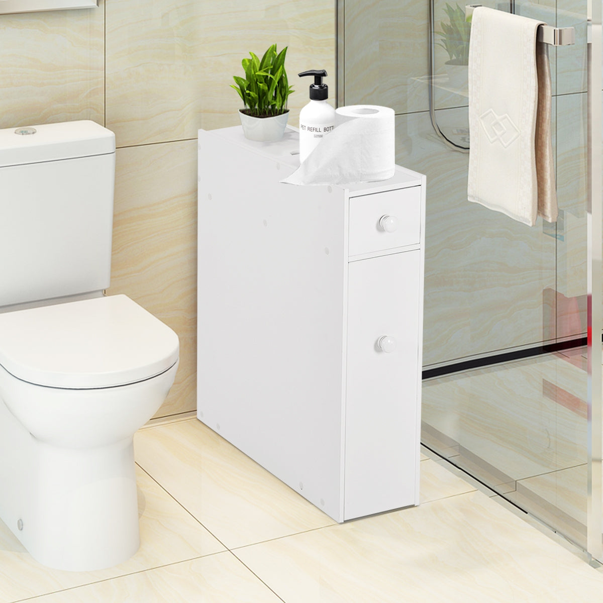 Armadio bagno, Mobiletto bagno salvaspazio, Armadio sottile di stoccaggio per gabinetto, Bianco, Costway, 2
