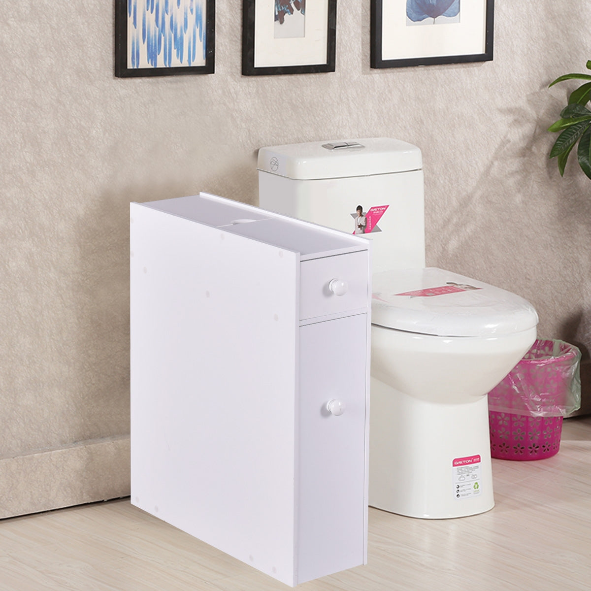 Armadio bagno, Mobiletto bagno salvaspazio, Armadio sottile di stoccaggio per gabinetto, Bianco, Costway, 3