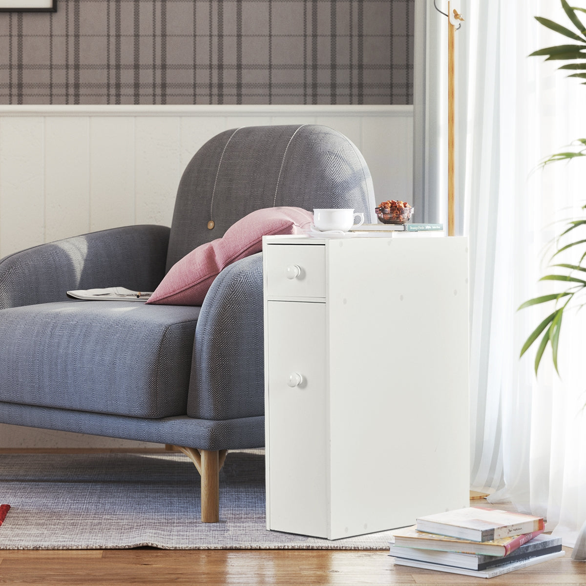 Armadio bagno, Mobiletto bagno salvaspazio, Armadio sottile di stoccaggio per gabinetto, Bianco, Costway, 4