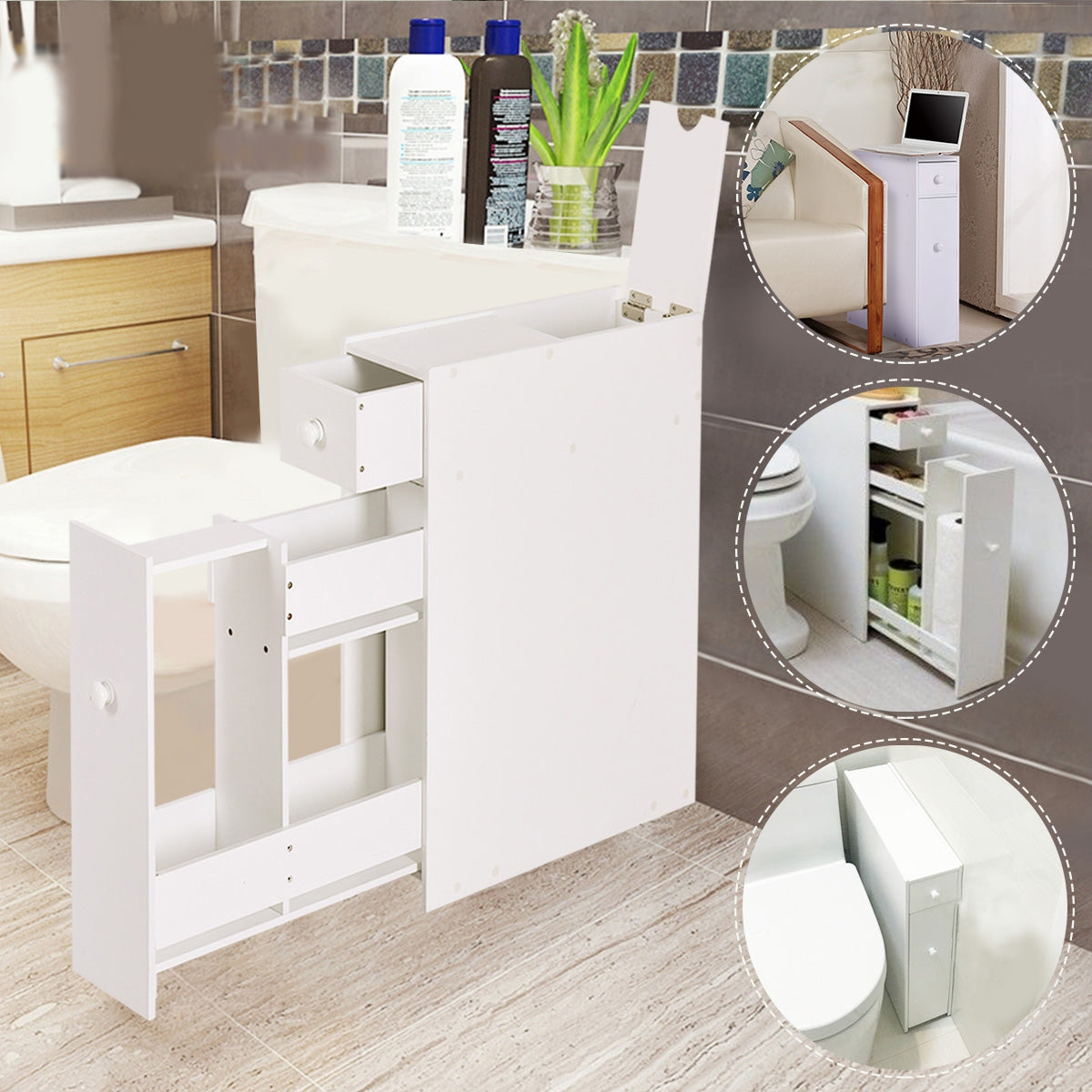 Armadio bagno, Mobiletto bagno salvaspazio, Armadio sottile di stoccaggio per gabinetto, Bianco, Costway, 5