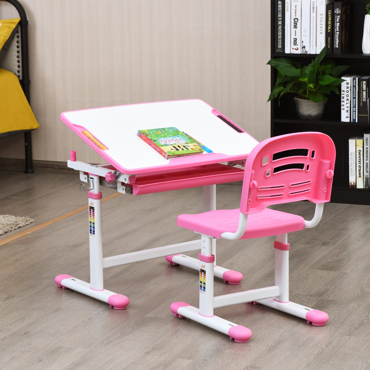 Set, Scrivania bambini elementari, Sedia per bambini, Tavolo e sedie bambini, regolabile in altezza, Rosa, Costway, 3