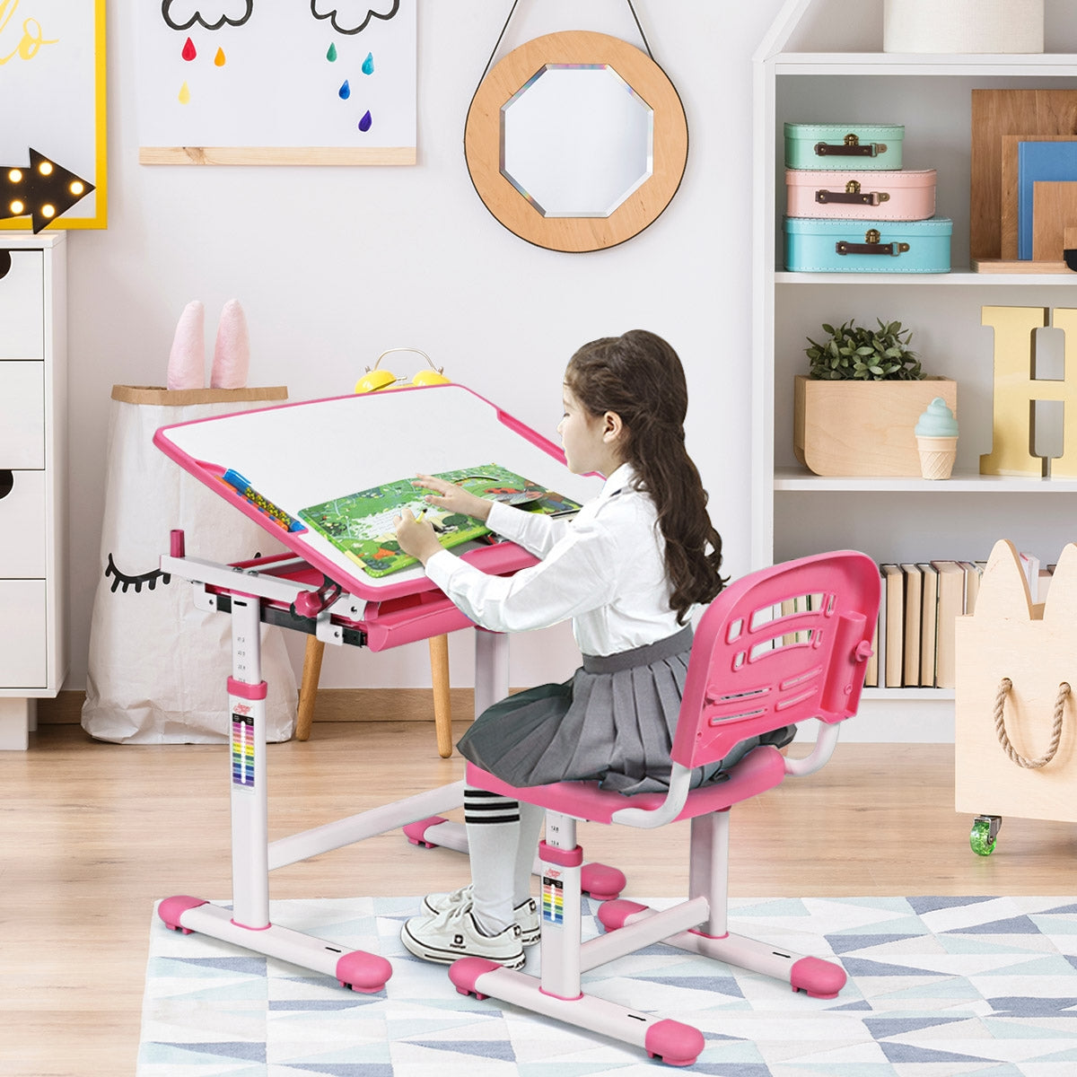 Set, Scrivania bambini elementari, Sedia per bambini, Tavolo e sedie bambini, regolabile in altezza, Rosa, Costway, 2