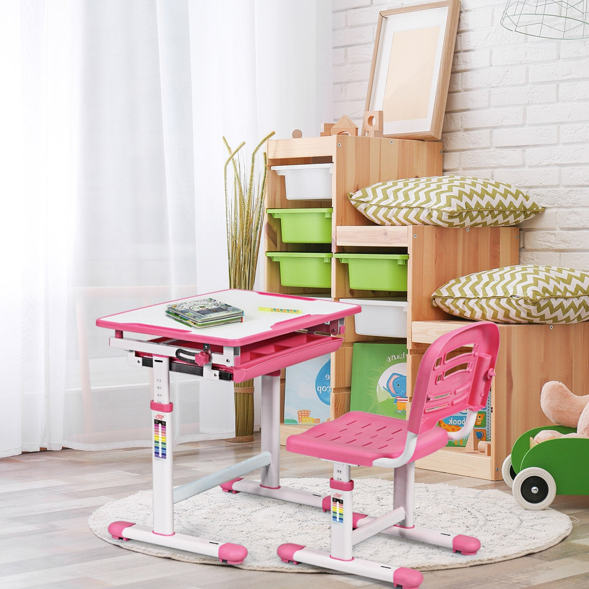 Set, Scrivania bambini elementari, Sedia per bambini, Tavolo e sedie bambini, regolabile in altezza, Rosa, Costway, 4