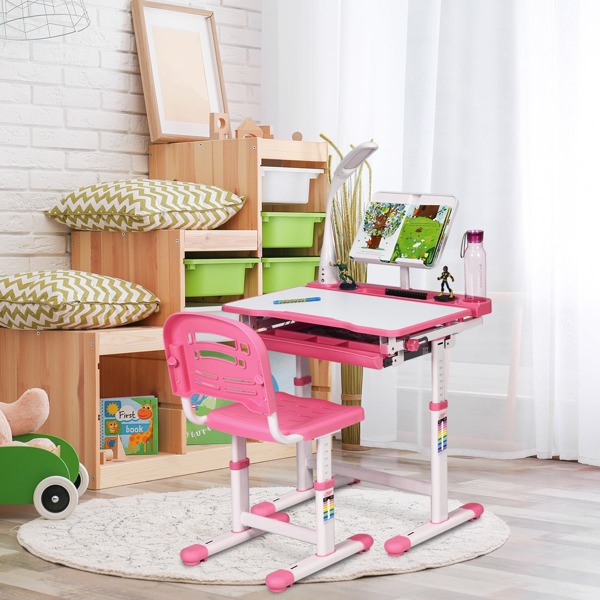 Set, Tavolo e sedie bambini, Scrivania bambini elementari, Sedia per bambini, altezza regolabile, lampada, Rosa, Costway, 3