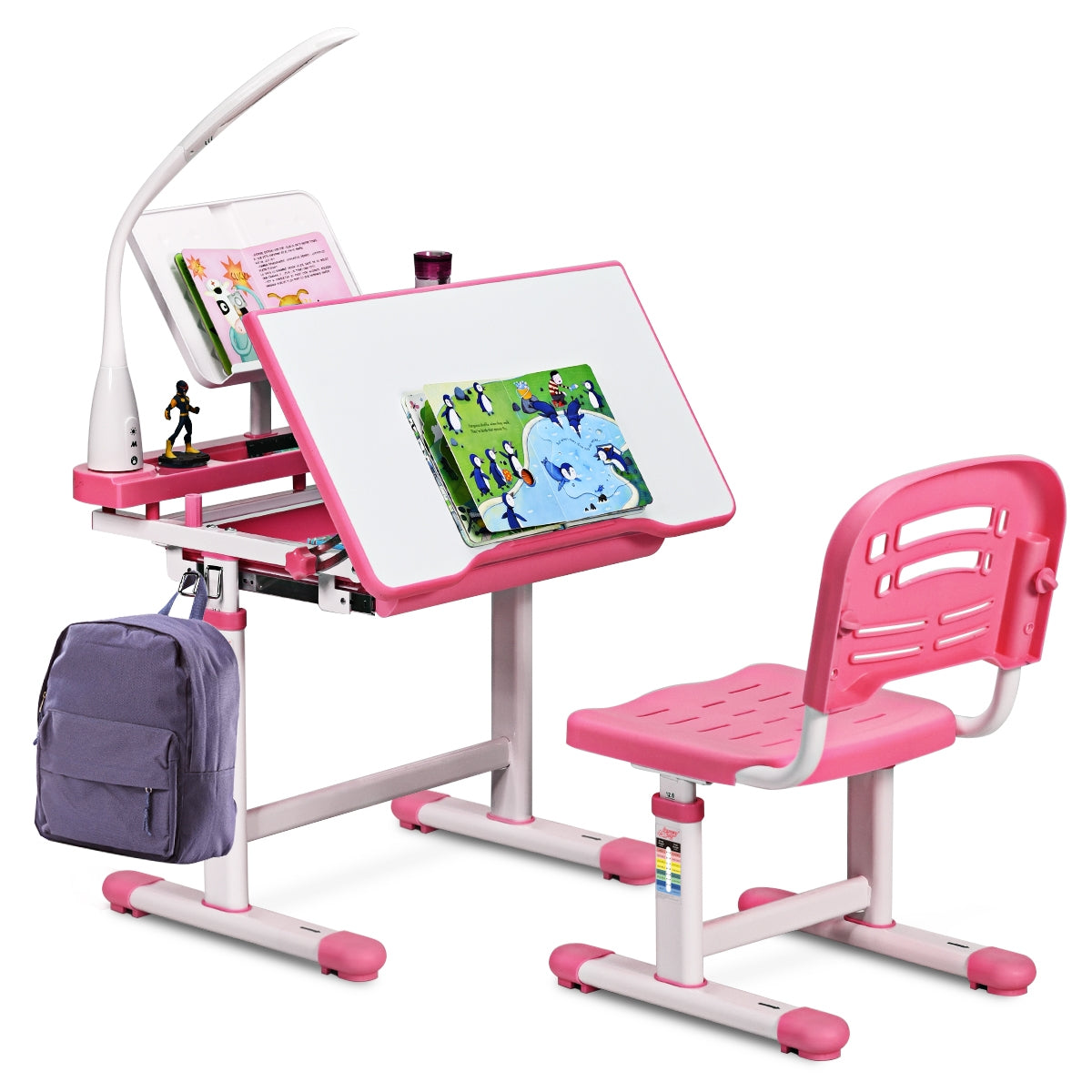 Set, Tavolo e sedie bambini, Scrivania bambini elementari, Sedia per bambini, altezza regolabile, lampada, Rosa, Costway, 5