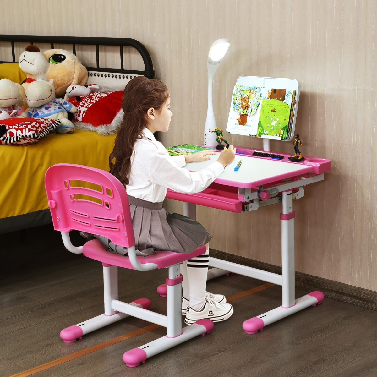 Set, Tavolo e sedie bambini, Scrivania bambini elementari, Sedia per bambini, altezza regolabile, lampada, Rosa, Costway, 2