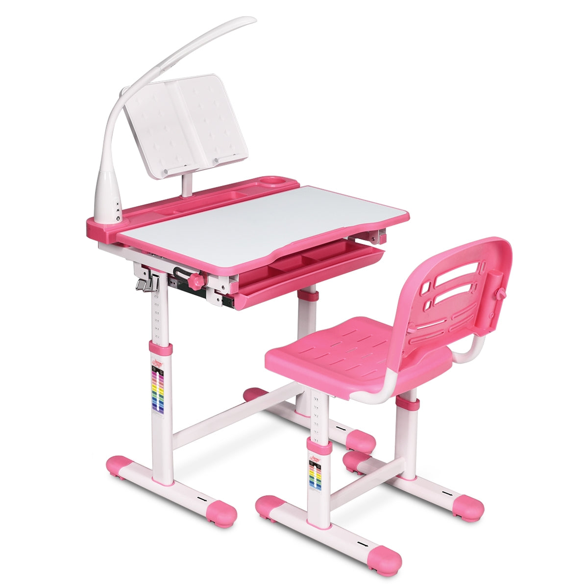 Set, Tavolo e sedie bambini, Scrivania bambini elementari, Sedia per bambini, altezza regolabile, lampada, Rosa, Costway, 1