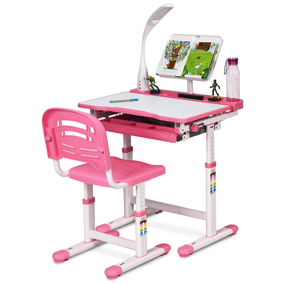 Set, Tavolo e sedie bambini, Scrivania bambini elementari, Sedia per bambini, altezza regolabile, lampada, Rosa, Costway, 4