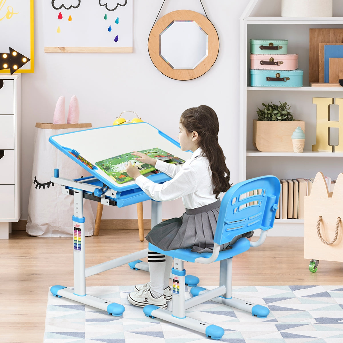 Set, Scrivania bambini elementari, Sedia per bambini, Tavolo e sedie bambini, Scrivania bambini elementari, Blu, Costway, 2