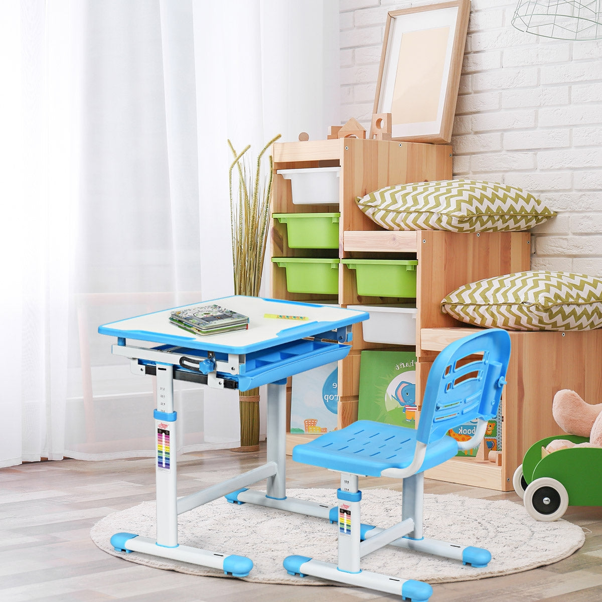 Set, Scrivania bambini elementari, Sedia per bambini, Tavolo e sedie bambini, Scrivania bambini elementari, Blu, Costway, 3