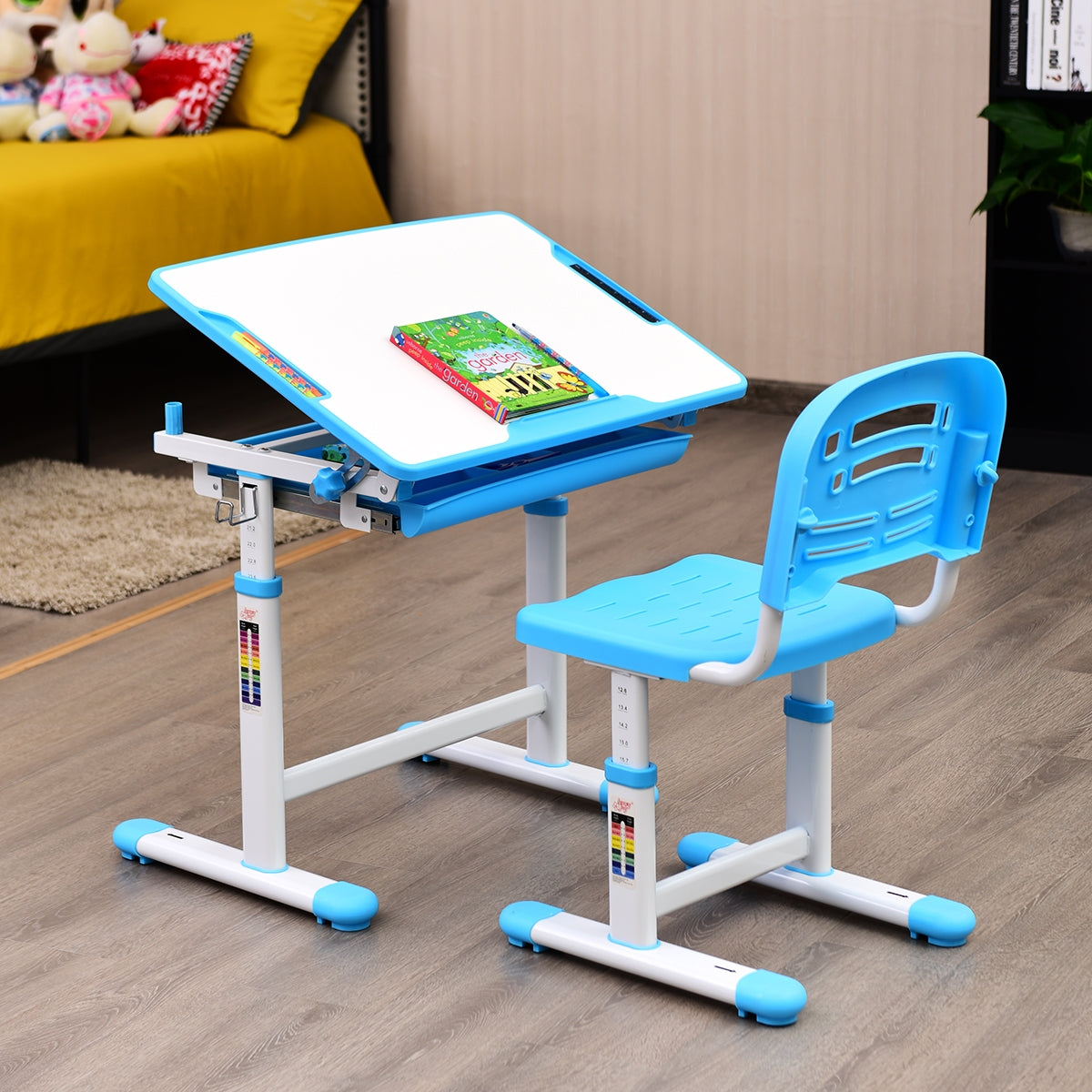 Set, Scrivania bambini elementari, Sedia per bambini, Tavolo e sedie bambini, Scrivania bambini elementari, Blu, Costway, 4