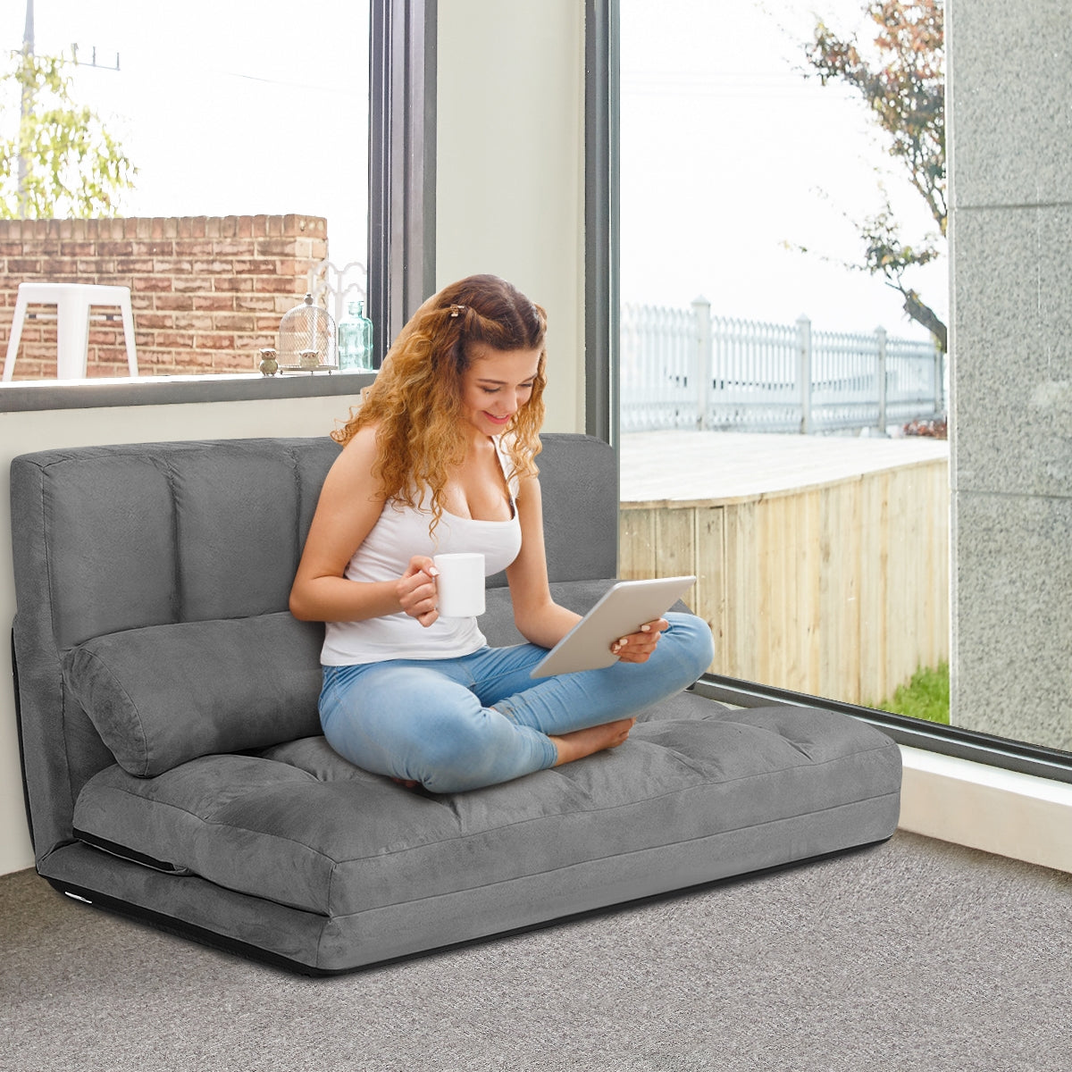 Divano da terra, Divano letto, regolabile, pieghevole in 6 posizioni e rivestimento delicato sulla pelle, Grigio, Costway, 2