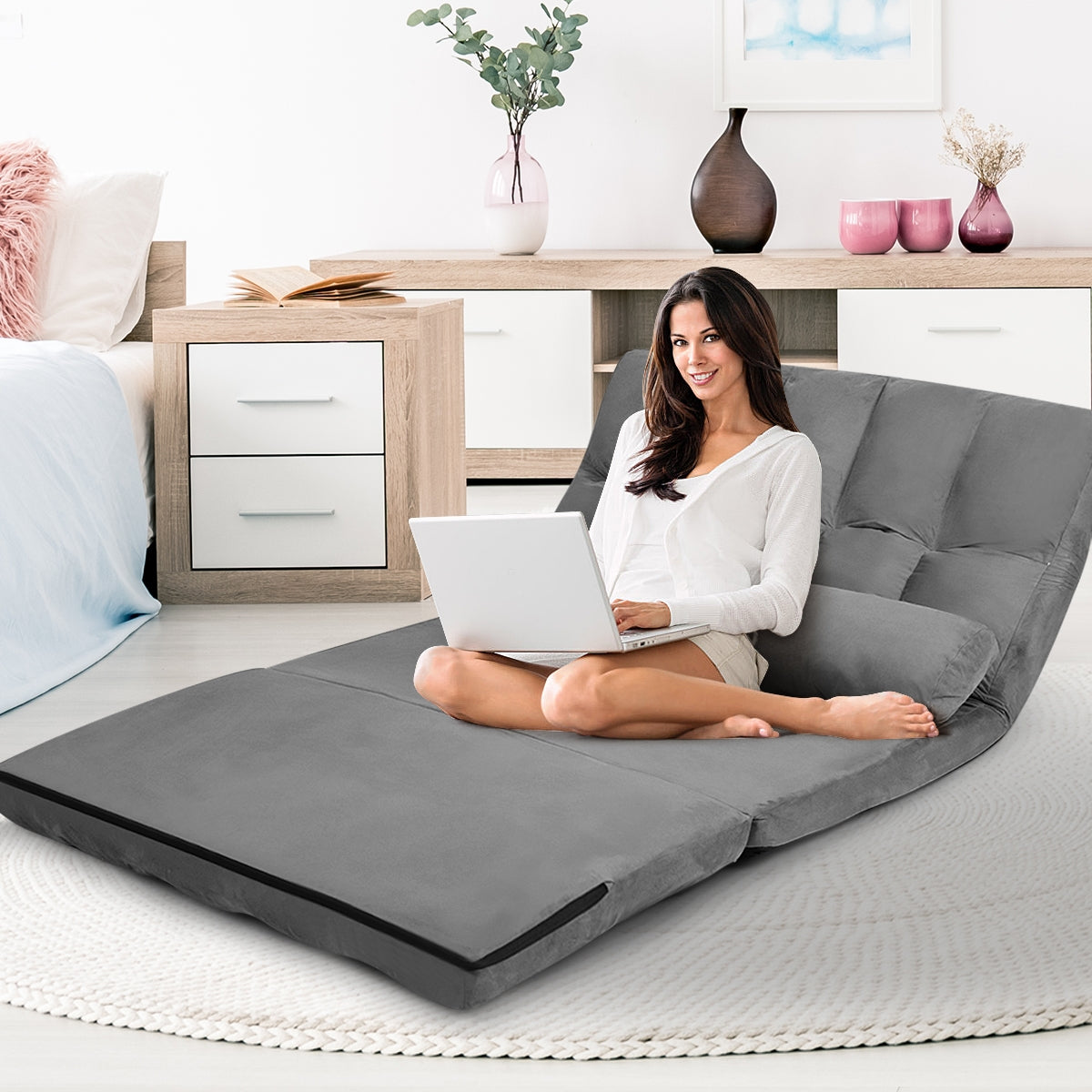 Divano da terra, Divano letto, regolabile, pieghevole in 6 posizioni e rivestimento delicato sulla pelle, Grigio, Costway, 3
