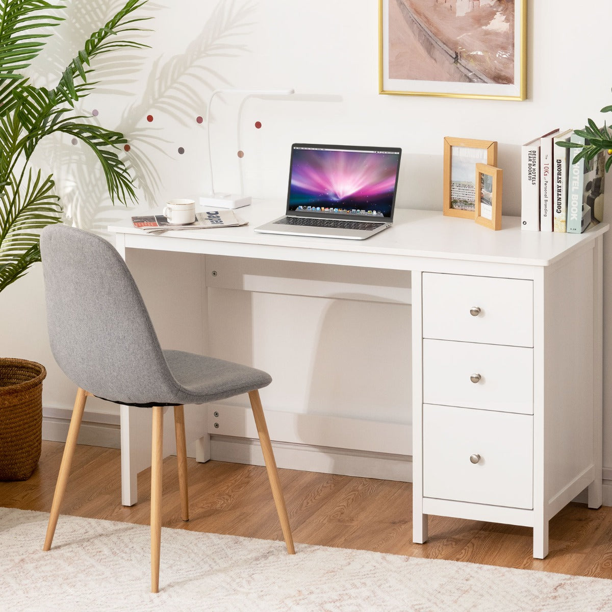 Scrivania per computer con 3 cassetti per casa studio ufficio, Tavolo per laptop con superficie spaziosa Bianco, Costway, 2