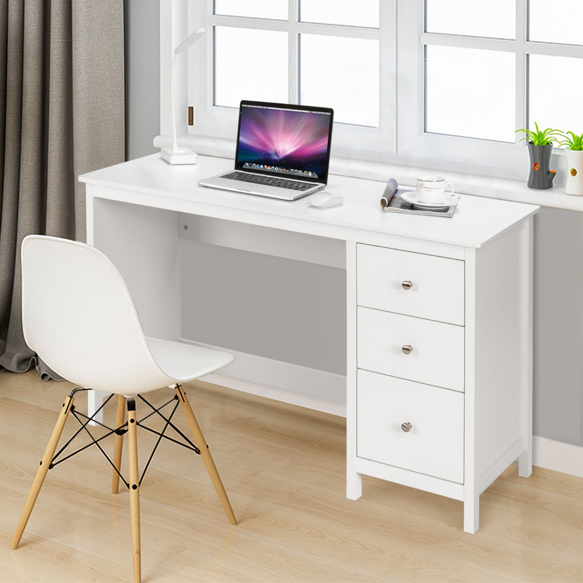 Scrivania per computer con 3 cassetti per casa studio ufficio, Tavolo per laptop con superficie spaziosa Bianco, Costway, 3