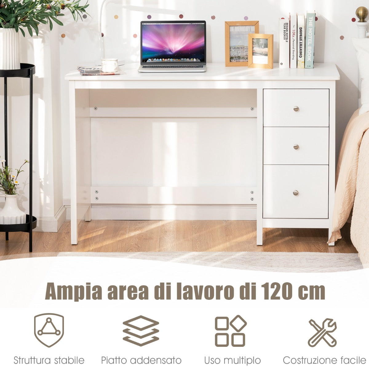 Scrivania per computer con 3 cassetti per casa studio ufficio, Tavolo per laptop con superficie spaziosa Bianco, Costway, 5