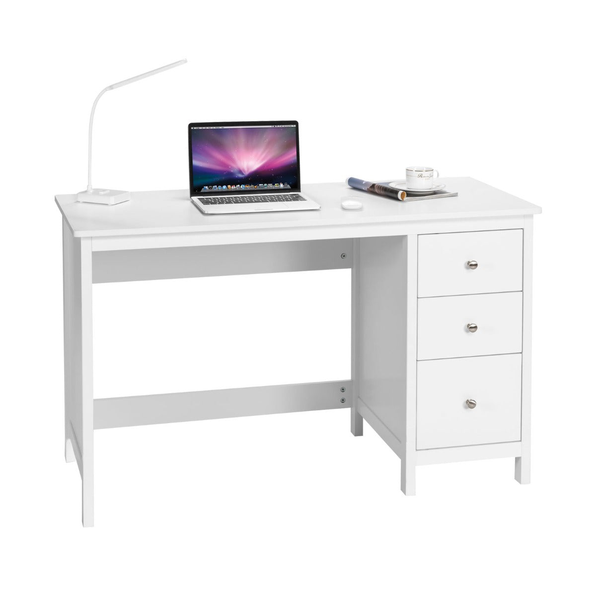 Scrivania per computer con 3 cassetti per casa studio ufficio, Tavolo per laptop con superficie spaziosa Bianco, Costway, 1