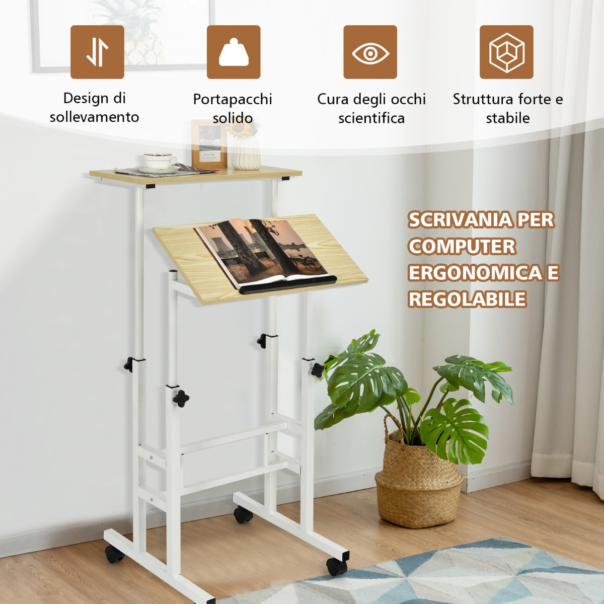 Mobile scrivania, Scrivania PC, Scrivania ufficio, Tavolo con ruote, regolabile in altezza, Naturale, Costway, 5