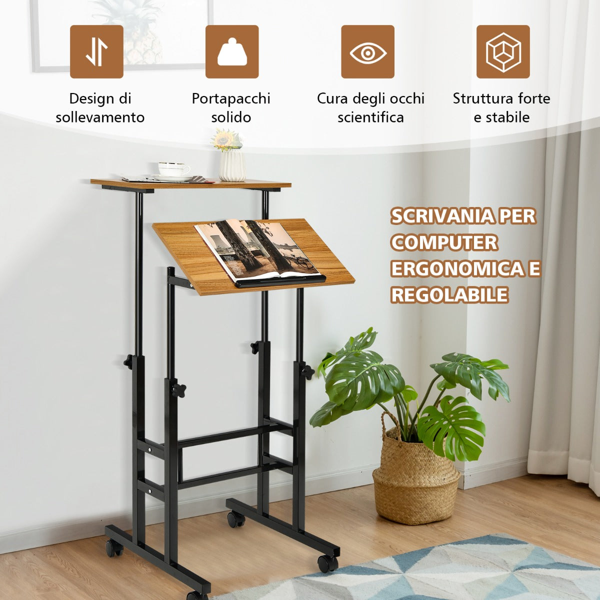 Mobile scrivania, Scrivania PC, Scrivania ufficio, Tavolo con ruote, regolabile in altezza Noce, Costway, 5