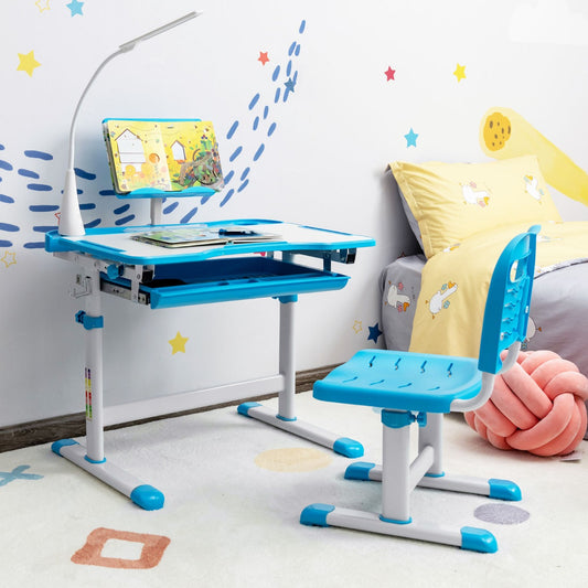 Set, Scrivania bambini elementari, Sedia per bambini, con altezza regolabile, con leggio per libri e luce LED, Blu, Costway, 2