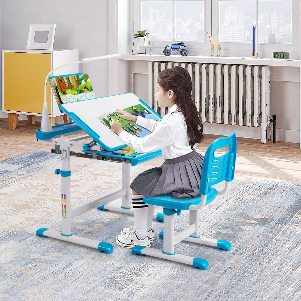 Set, Scrivania bambini elementari, Sedia per bambini, con altezza regolabile, con leggio per libri e luce LED, Blu, Costway, 3