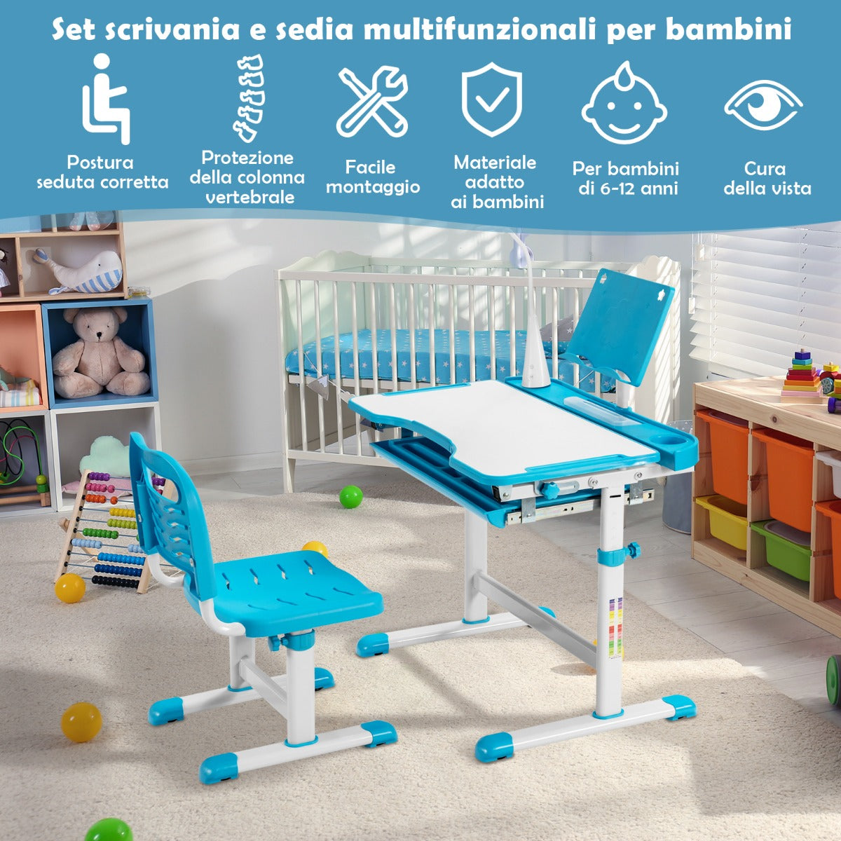 Set, Scrivania bambini elementari, Sedia per bambini, con altezza regolabile, con leggio per libri e luce LED, Blu, Costway, 4
