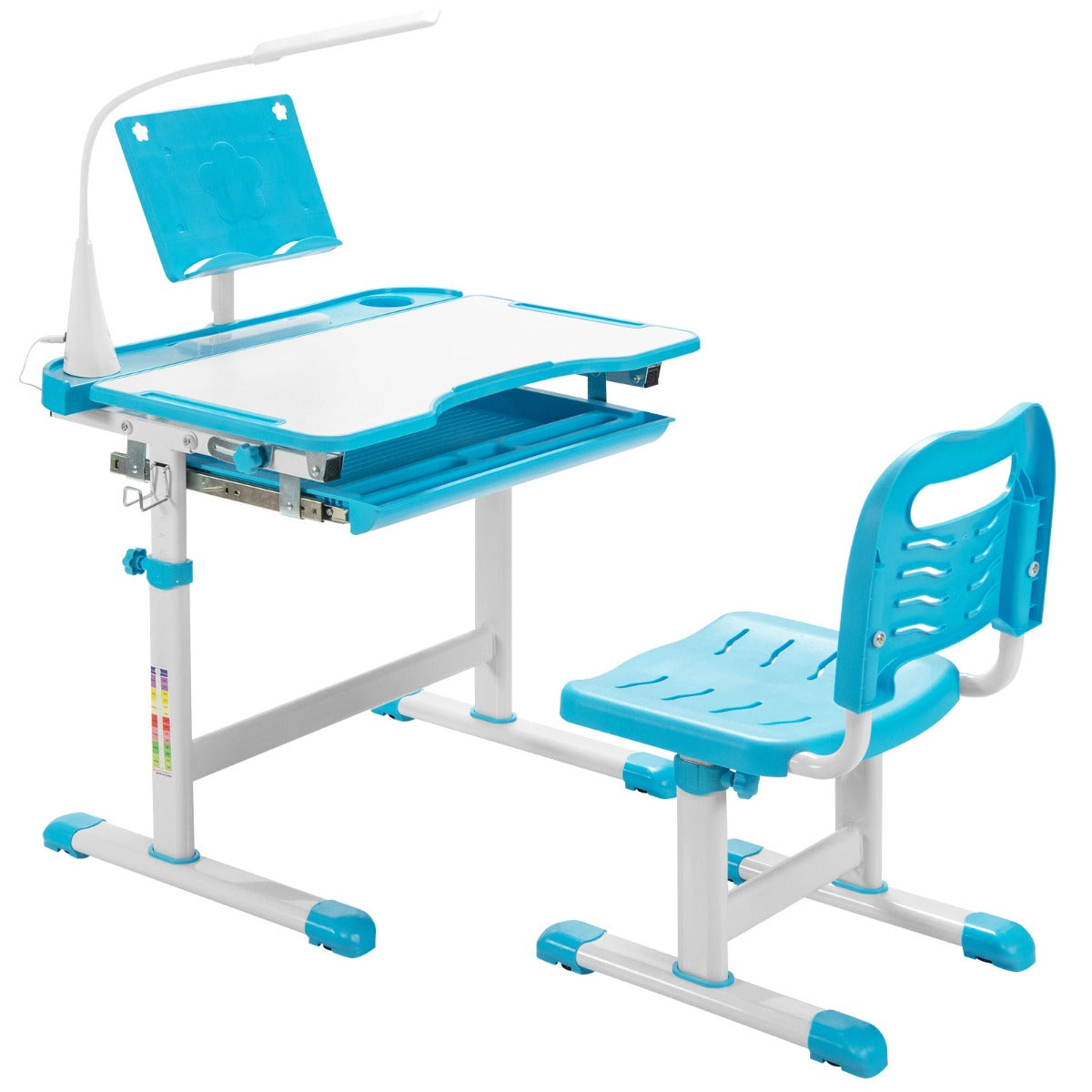 Set, Scrivania bambini elementari, Sedia per bambini, con altezza regolabile, con leggio per libri e luce LED, Blu, Costway, 1
