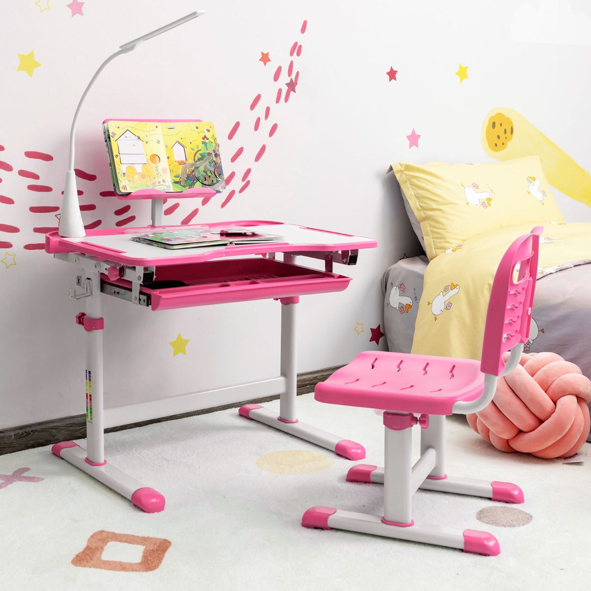 Set, Scrivania bambini elementari, Sedia per bambini, con altezza regolabile, con leggio per libri e luce LED, Rosa, Costway, 2