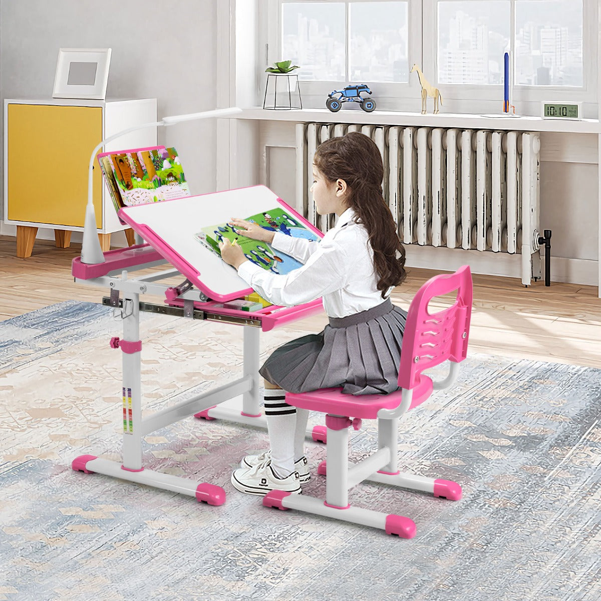 Set, Scrivania bambini elementari, Sedia per bambini, con altezza regolabile, con leggio per libri e luce LED, Rosa, Costway, 3